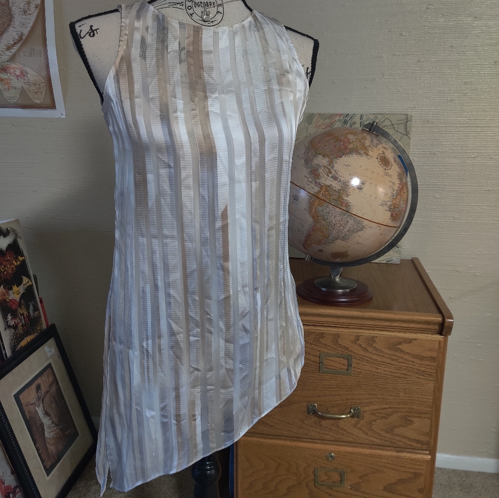 WHBM Beige, white, & blue 🤍💙 Striped 2 layer asymmetric blouse (XXS)